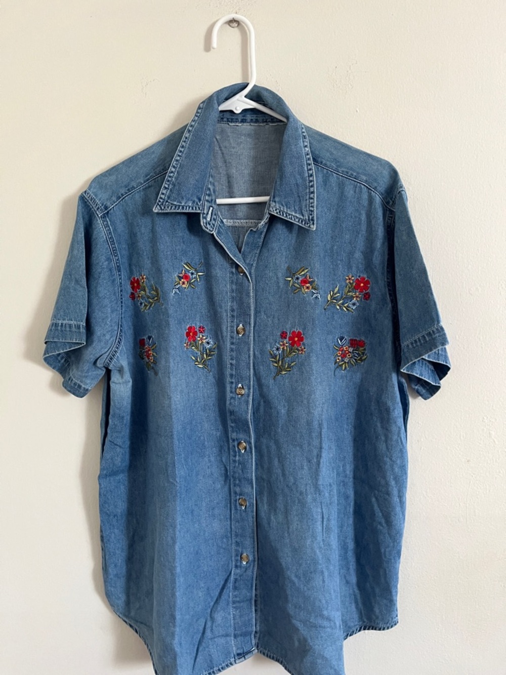 & Other Stories Blue Denim Short-Sleeve Shirt with Red Floral Embroidery